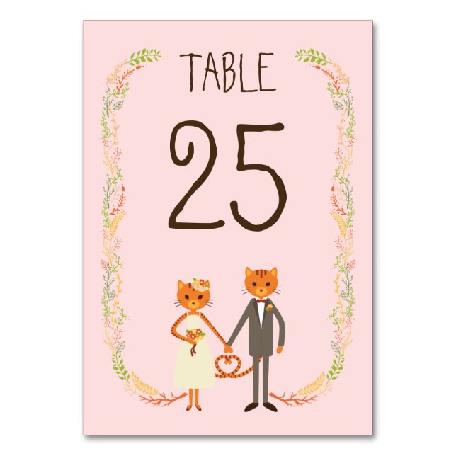 Whimsical Forest Cats (Blush) Wedding Table Number (Front)