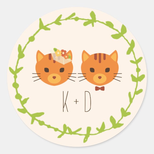 Whimsical Forest Cats (Cream) Wedding Classic Round Sticker (Front)