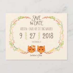 Whimsical Forest Cats Cream Wedding Save the Date Announcement Postcard
