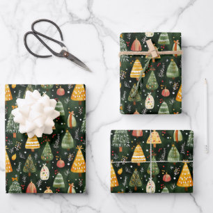 Whimsical Forest Christmas Tree Pattern Wrapping Paper Sheet