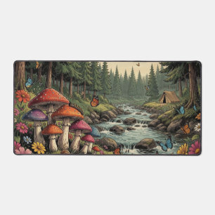 Whimsical Forest Creek with Mushrooms, Butterflies Desk Mat