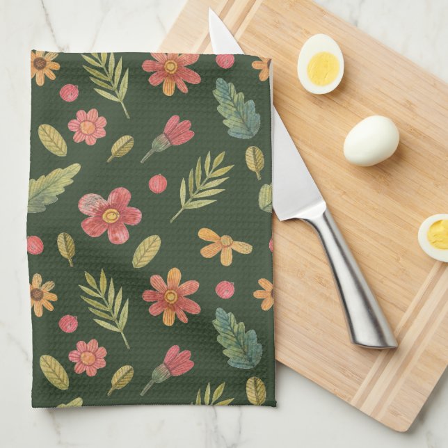 Whimsical Forest Flowers & Leaves  Tea Towel (Quarter Fold)