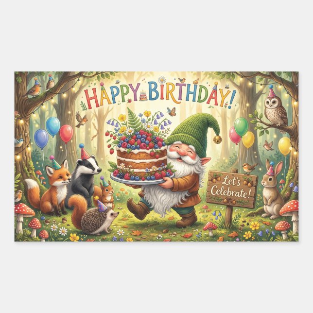 Whimsical Forest Garden Gnome Birthday Design Rectangular Sticker (Front)