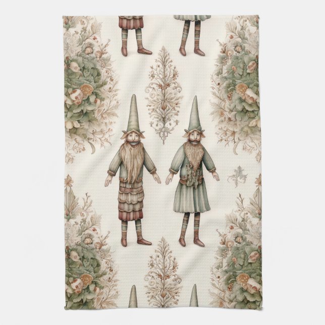 Whimsical Forest Gnomes & Botanical (1) Tea Towel (Vertical)