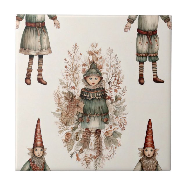 Whimsical Forest Gnomes & Botanical (2) Ceramic Tile (Front)