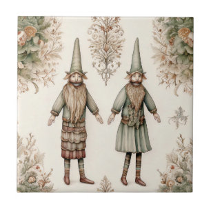 Whimsical Forest Gnomes & Botanical Ceramic Tile