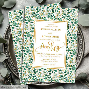 Whimsical Forest Green Gold Leaves Wedding Invite