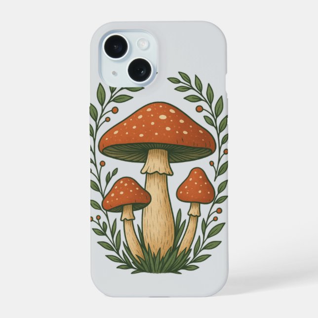 Whimsical Forest Mushroom Illustration iPhone 15 Case (Back)