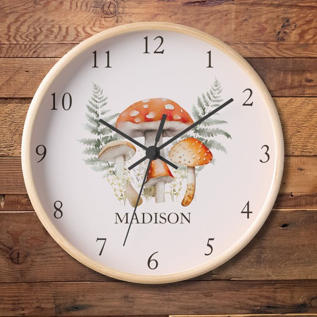 Whimsical Forest Mushroom Vintage Farmhouse Recipe Clock (In situ, on wood wall)