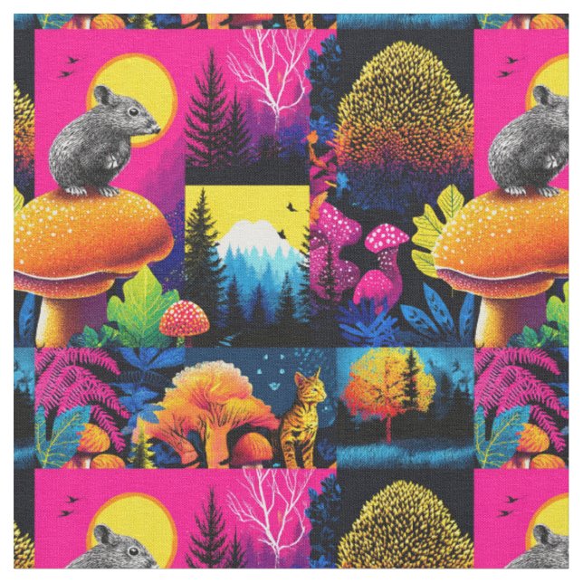 Whimsical Forest Patchwork Fabric (Close Up)