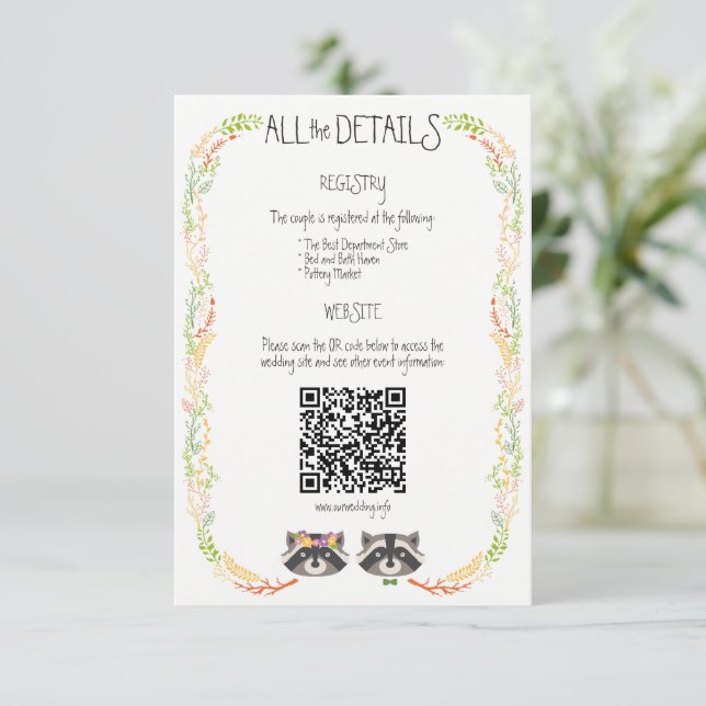 Whimsical Forest Raccoons Rustic Wedding Enclosure Card (Standing Front)