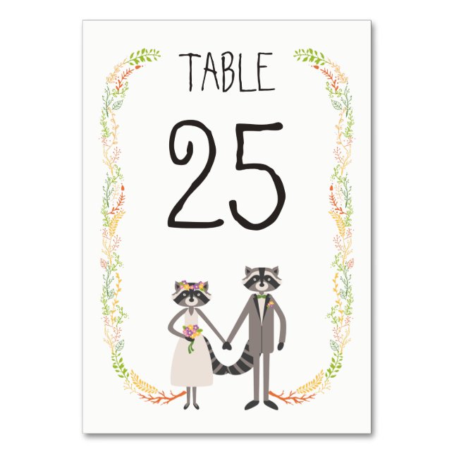 Whimsical Forest Raccoons Rustic Wedding Table Number (Front)