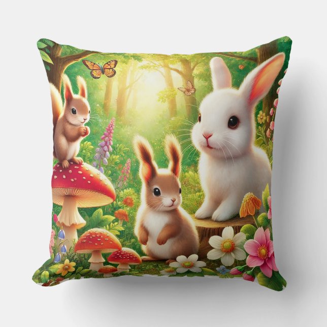 Whimsical Forest Scene with Rabbits, Squirrels Cushion (Front)