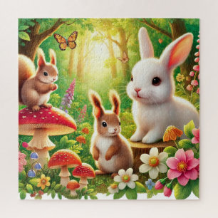 Whimsical Forest Scene with Rabbits, Squirrels Jigsaw Puzzle