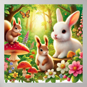 Whimsical Forest Scene with Rabbits, Squirrels Poster