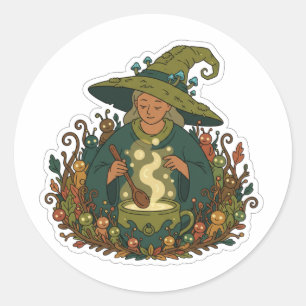 Whimsical Forest Witch Cozy Magical Brew Classic Round Sticker