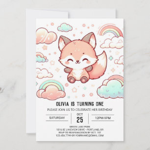 Whimsical Fox 1st Birthday Invitation