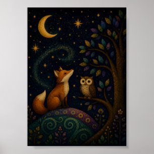 Whimsical Fox and Owl Under Moonlight,Woodland Art Poster