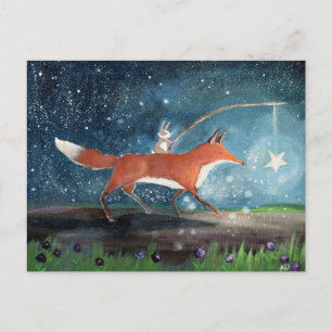 Whimsical Fox and Rabbit Storybook Art Postcard