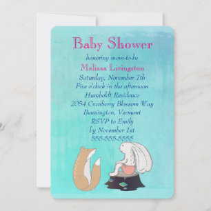 Whimsical Fox and Rabbit Turquoise Baby Shower Invitation