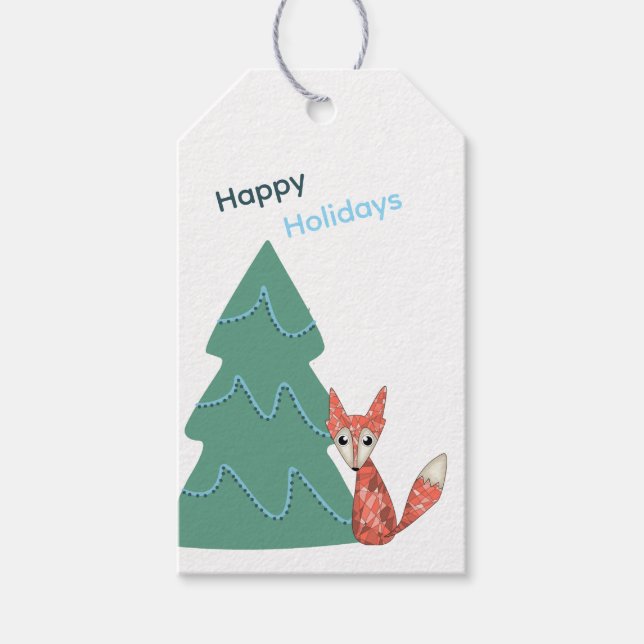 Whimsical Fox and Tree Christmas Gift Tag  (Front)