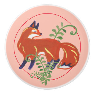 Whimsical Fox & Fern Folk Art Rustic Nursery Pink Ceramic Knob