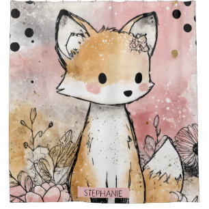 Whimsical Fox Floral Watercolor Art Shower Curtain