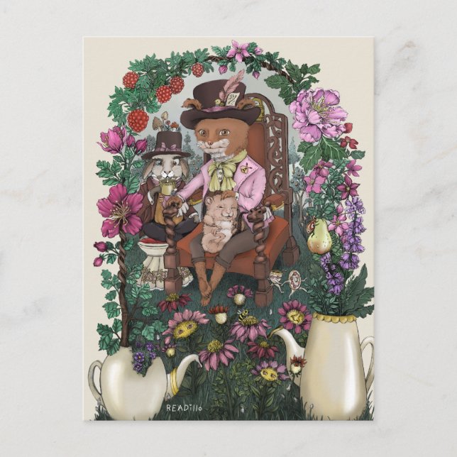 Whimsical Fox Mad Hatter Alice in Wonderland Art Postcard (Front)