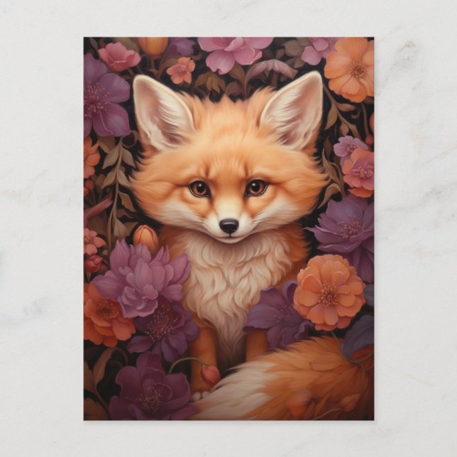 Whimsical Fox on a Bed of Fall Flowers Postcard (Front)