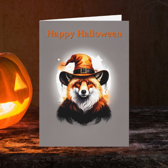 Whimsical Fox Orange Witch Hat Halloween Card (Happy Halloween Woodland Fox Witchy Hat Greeting Card. Witch Spooky season greetings cards)
