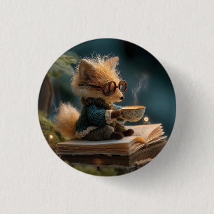 Whimsical Fox Reading Book and Drinking Tea 3 Cm Round Badge