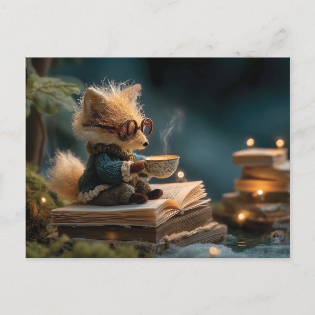 Whimsical Fox Reading Book and Drinking Tea Holiday Postcard (Front)