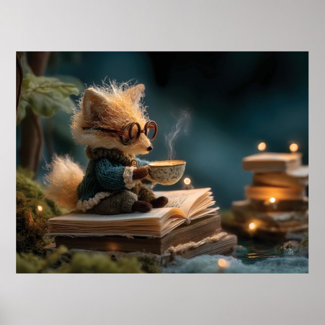 Whimsical Fox Reading Book and Drinking Tea Poster (Front)