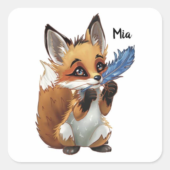 Whimsical Fox with a Feather Square Sticker (Front)