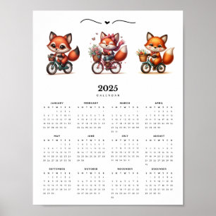 Whimsical Foxes on Bicycles 2025 Wall Calendar Poster