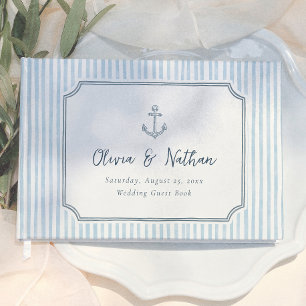 Whimsical Frame Retro Blue Stripes Wedding Guest Book