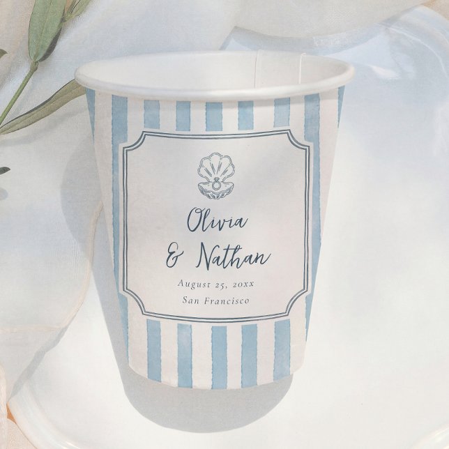 Whimsical Frame Retro Blue Stripes Wedding Paper Cups (Creator Uploaded)
