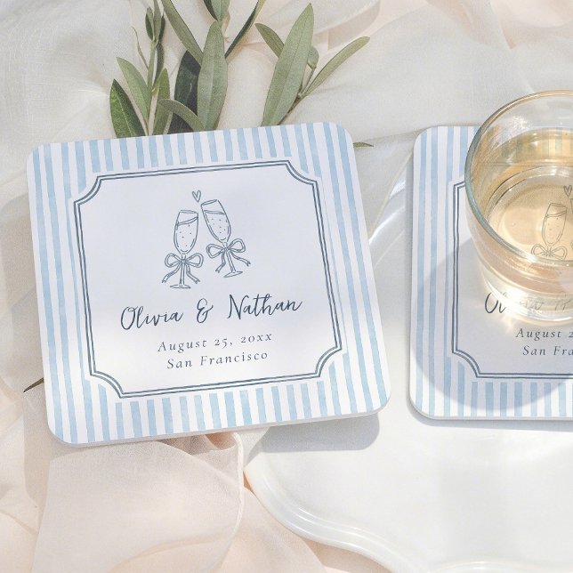 Whimsical Frame Retro Blue Stripes Wedding Square Paper Coaster (Creator Uploaded)