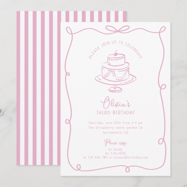 Whimsical frame with bow birthday invitation (Front/Back)