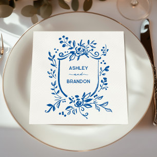 Whimsical French Blue Botanical Crest Wedding Napkin