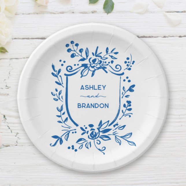 Whimsical French Blue Botanical Crest Wedding Paper Plate (Creator Uploaded)
