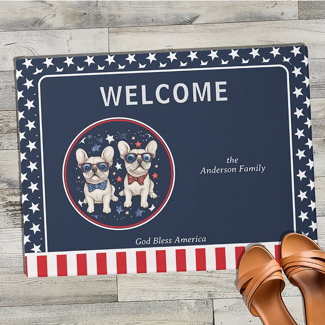 Whimsical French Bulldog Patriotic Red White Blue Doormat (Whimsical French Bulldog Patriotic Red White Blue Custom Doormat for Independance Day 4th of July
)