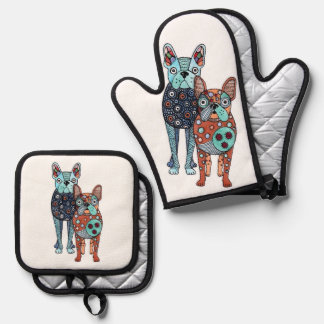 Whimsical French Bulldogs Folk Art Doodle Oven Mit Mitt & Pot Holder Set