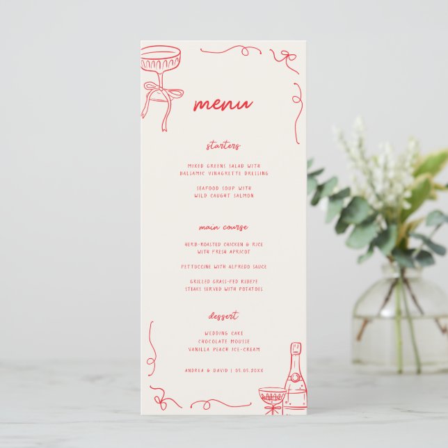 Whimsical French Fun Engagement Party or Wedding Menu (Standing Front)