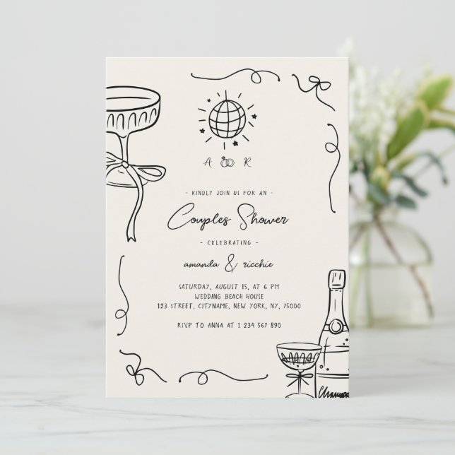 Whimsical French Fun Hand Drawn Couples Shower Invitation (Standing Front)