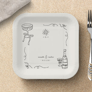 Whimsical French Fun Hand Drawn Engagement Party Paper Plate