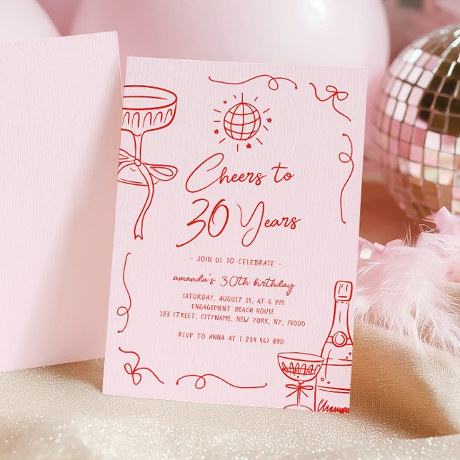 Whimsical French Hand Drawn Pink Red 30th Birthday Invitation (Creator Uploaded)