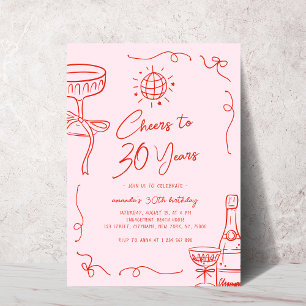 Whimsical French Hand Drawn Pink Red 30th Birthday Invitation
