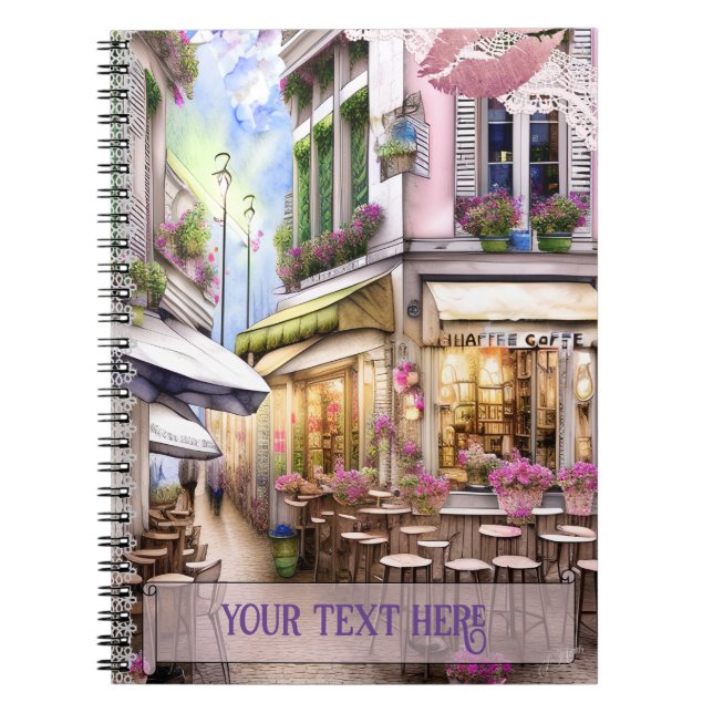 Whimsical French Street Cafe Notebook, Watrecolour Notebook (Front)