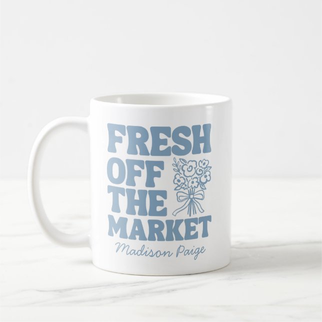 Whimsical Fresh Off The Market Blue Bridal Shower Coffee Mug (Left)